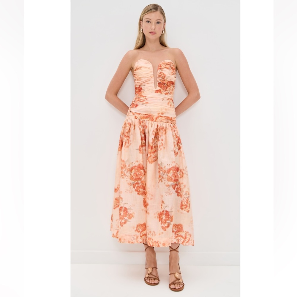 Zimmermann Peach and Coral Strapless Floral Midi Dress
